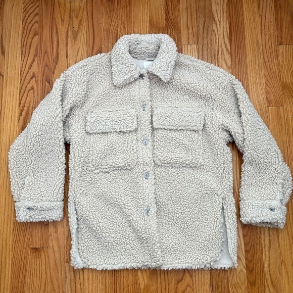 H&M Oversized Teddy Shacket Faux Sherpa Double Pocket Button Down Neutral XS NEW - Picture 9 of 17